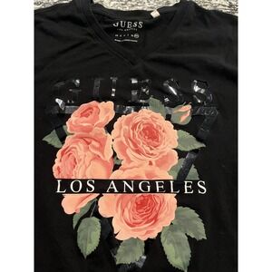 Guess Los Angeles Womens Black V-Neck Graphic T-Shirt Rose Floral Logo XXL